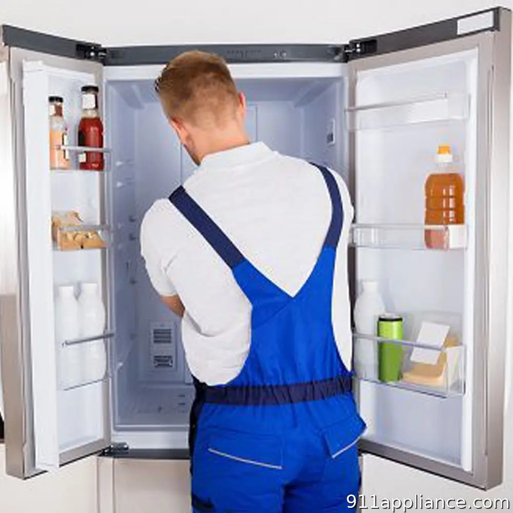 Refrigerator repair technician working