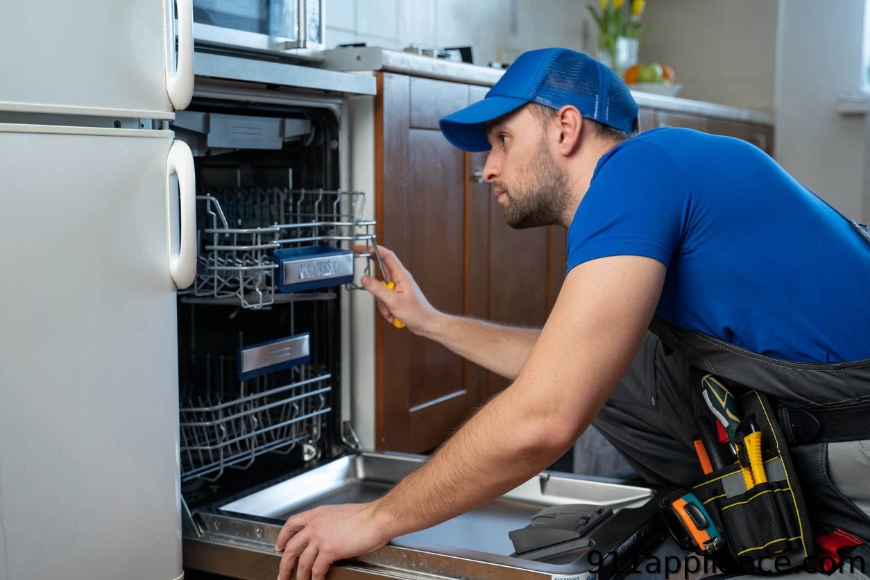 Dishwasher repair technician working