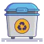 Blue trash bin with recycle symbol