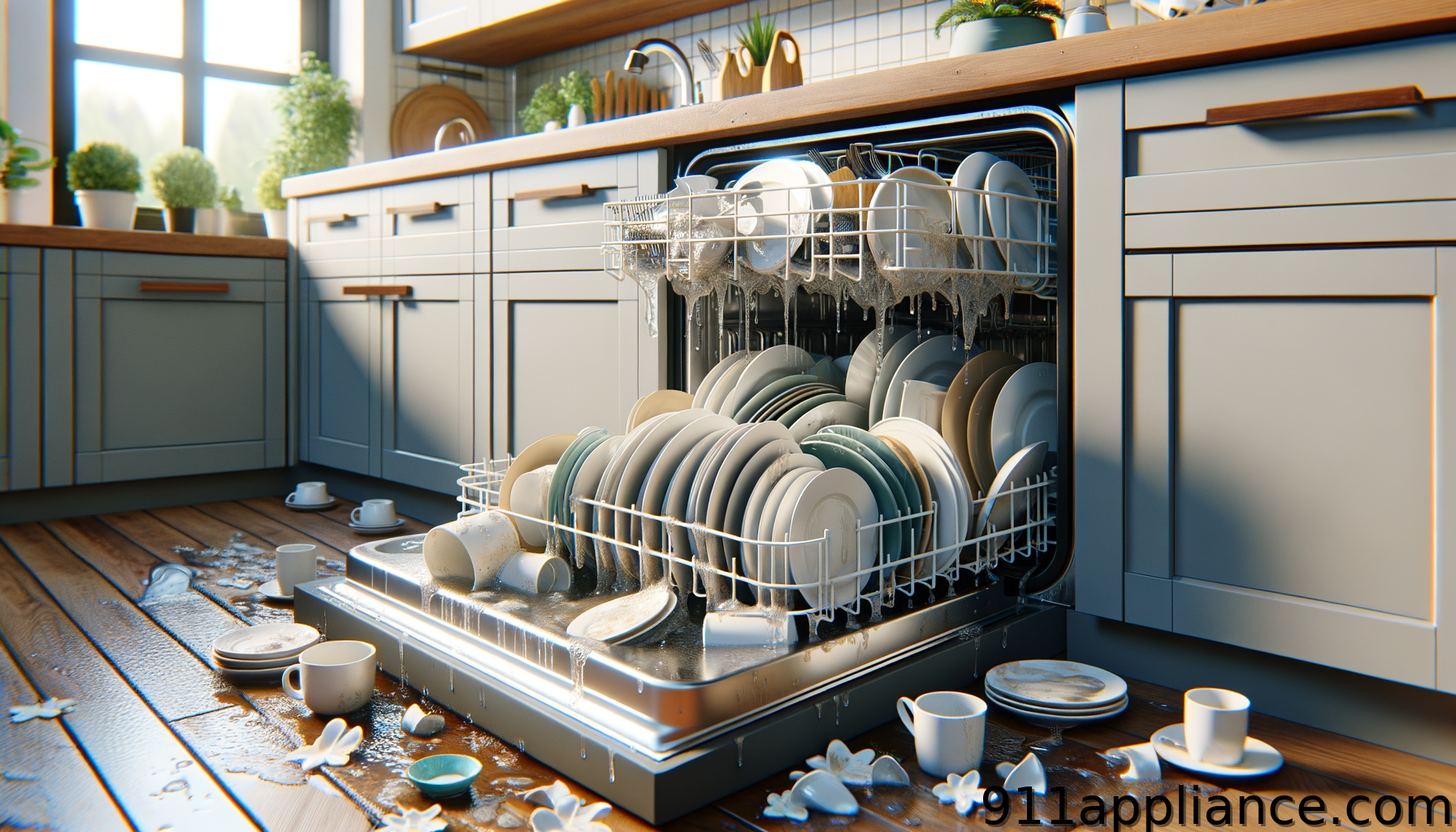 Overflowing dishwasher and broken dishes