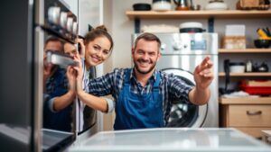 Appliance repair technicians smiling