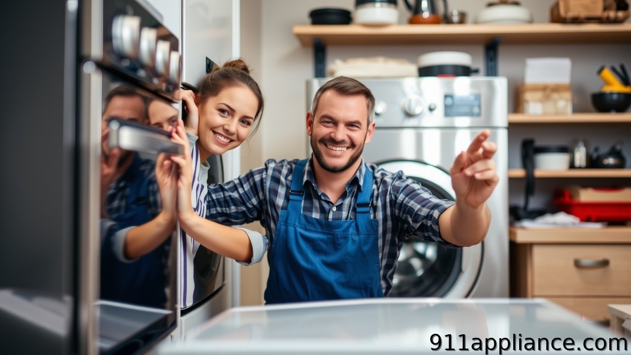 Appliance repair technicians smiling