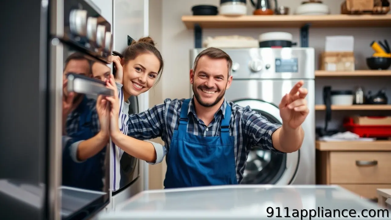 Appliance repair technicians smiling