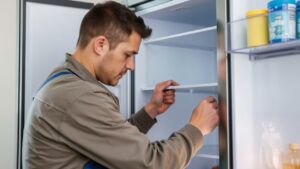 Technician fixing refrigerator shelves