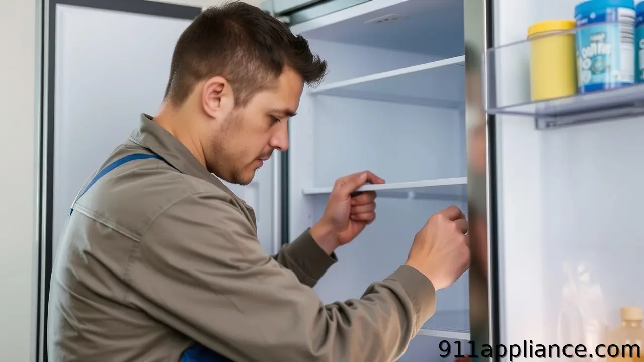 Technician fixing refrigerator shelves
