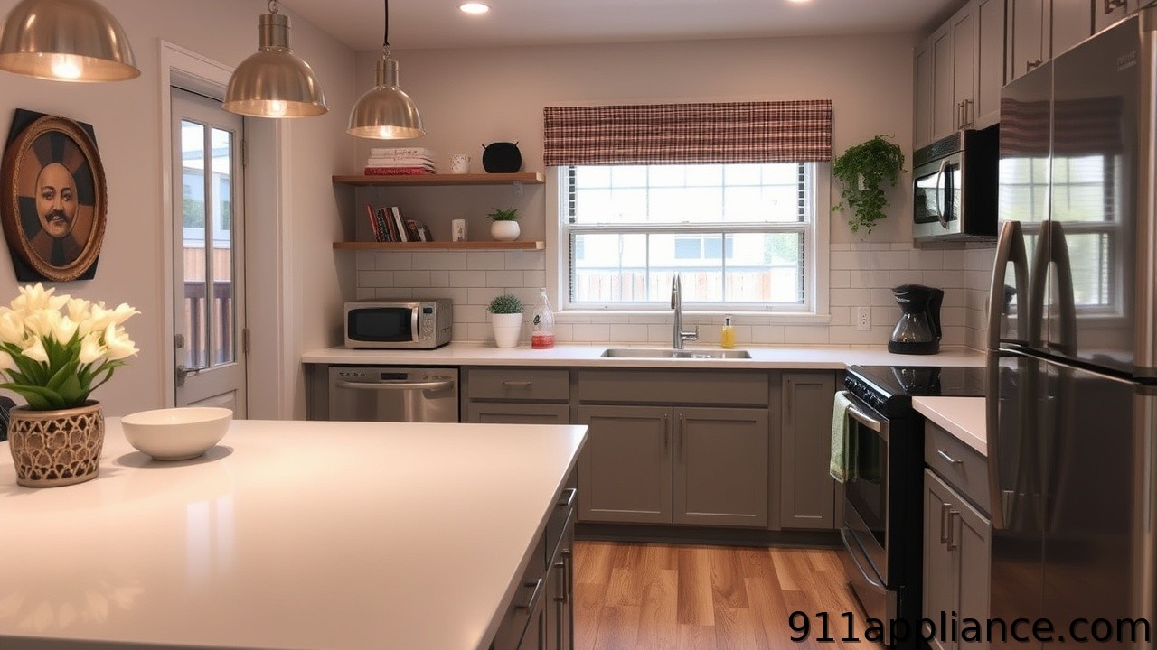 What are the advantages of shopping for major appliances from a specific brand's online store? Modern gray kitchen interior