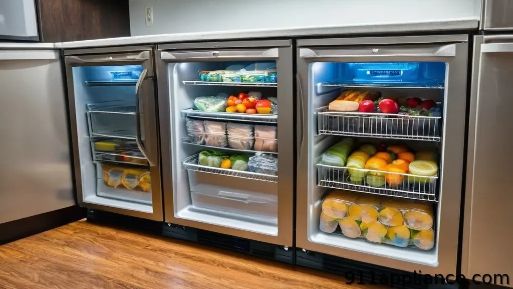 Three refrigerators stocked with food