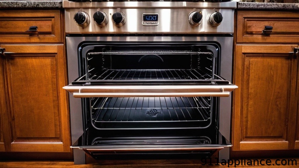 Stainless steel oven with wooden cabinets