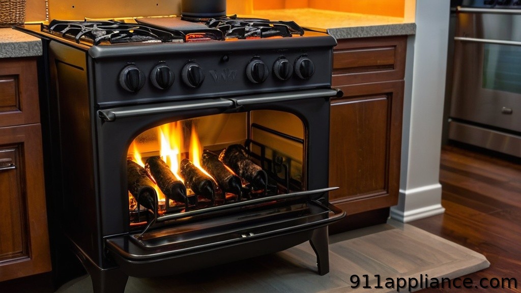 Black gas stove with glowing logs inside, flames visible, set against wooden cabinetry and a lighted countertop.