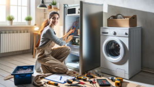Woman fixing refrigerator appliances
