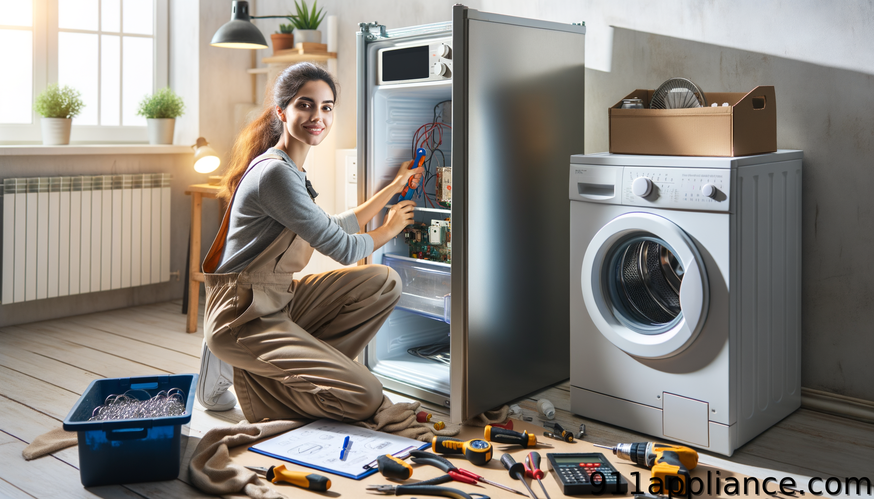Woman fixing refrigerator appliances