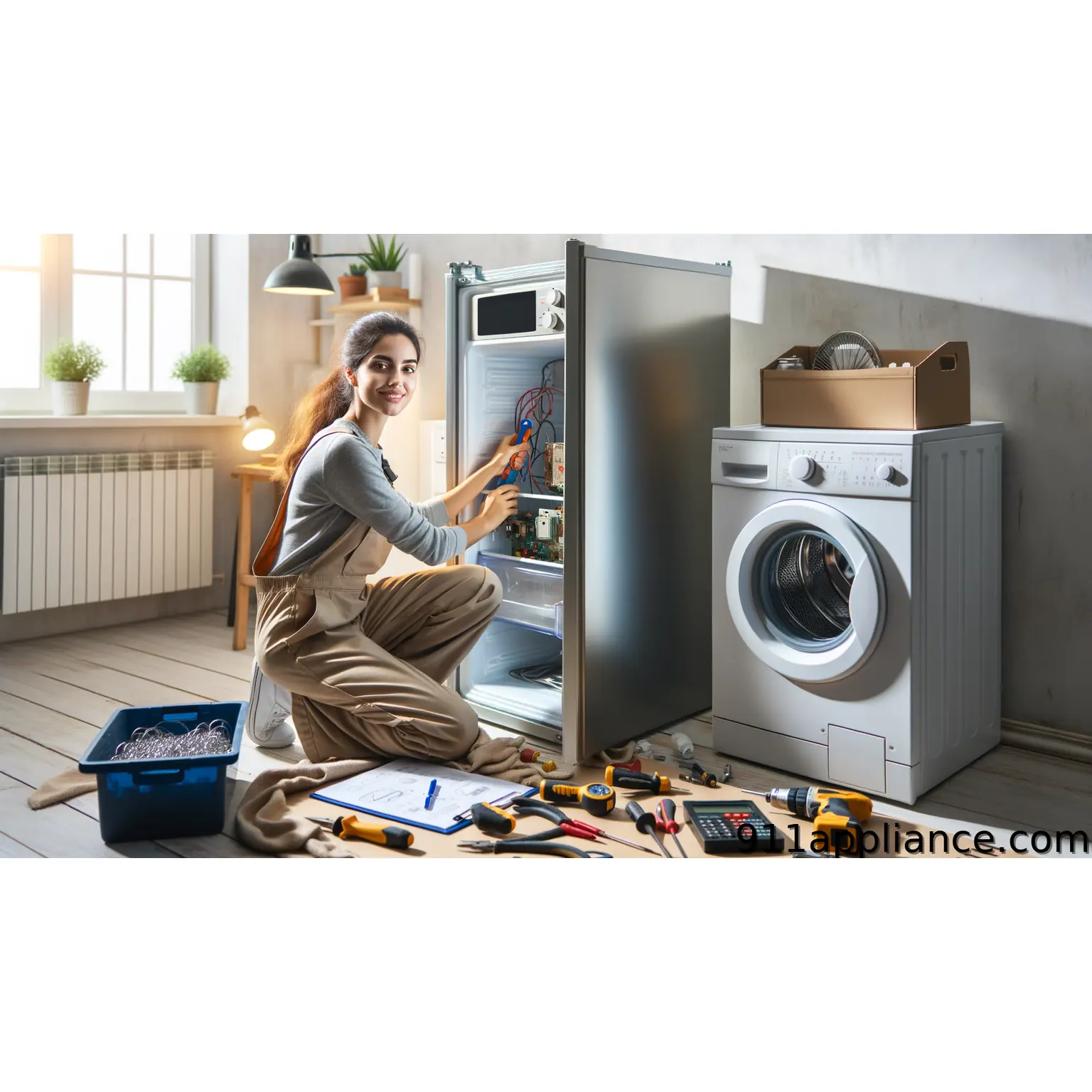 Woman fixing refrigerator appliances