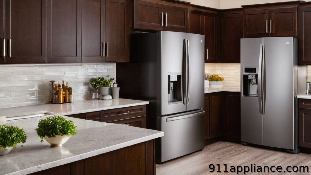 Stainless steel refrigerators in kitchen