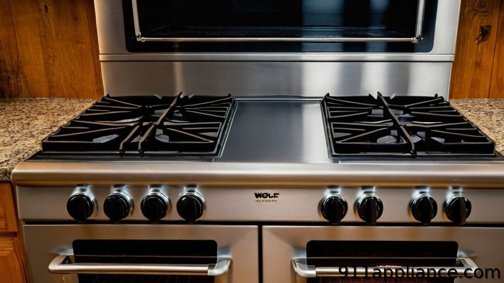 Stainless steel Wolf range with four burners and knobs, set against a wood backdrop and a granite countertop.