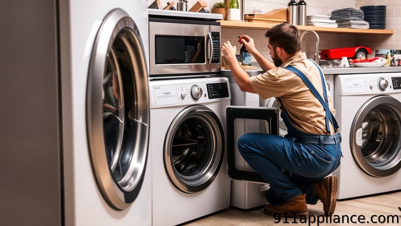 A man in denim overalls kneels by a washing machine, adjusting settings on a nearby microwave in a modern laundry room.