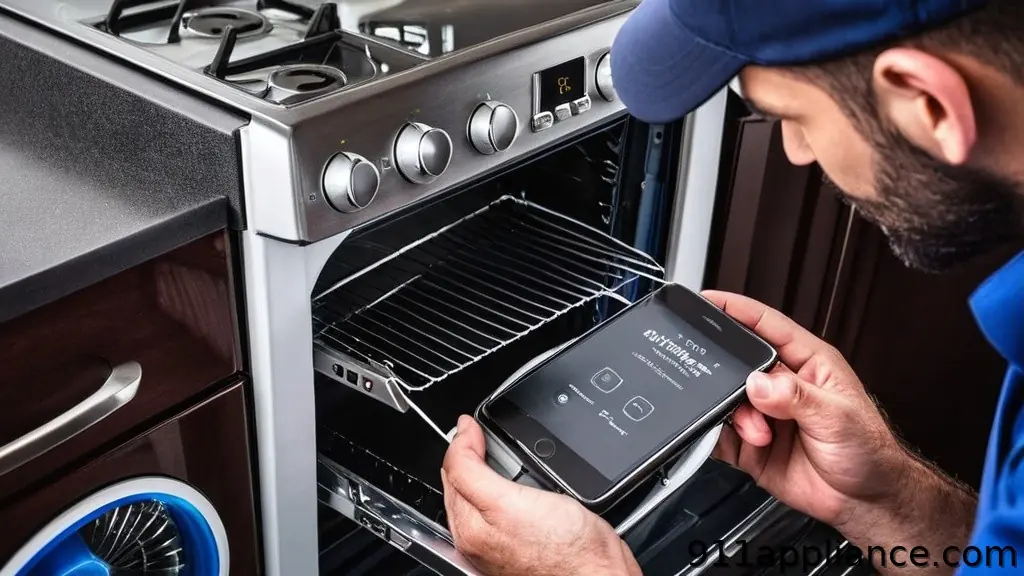 Technician with smartphone checks oven.