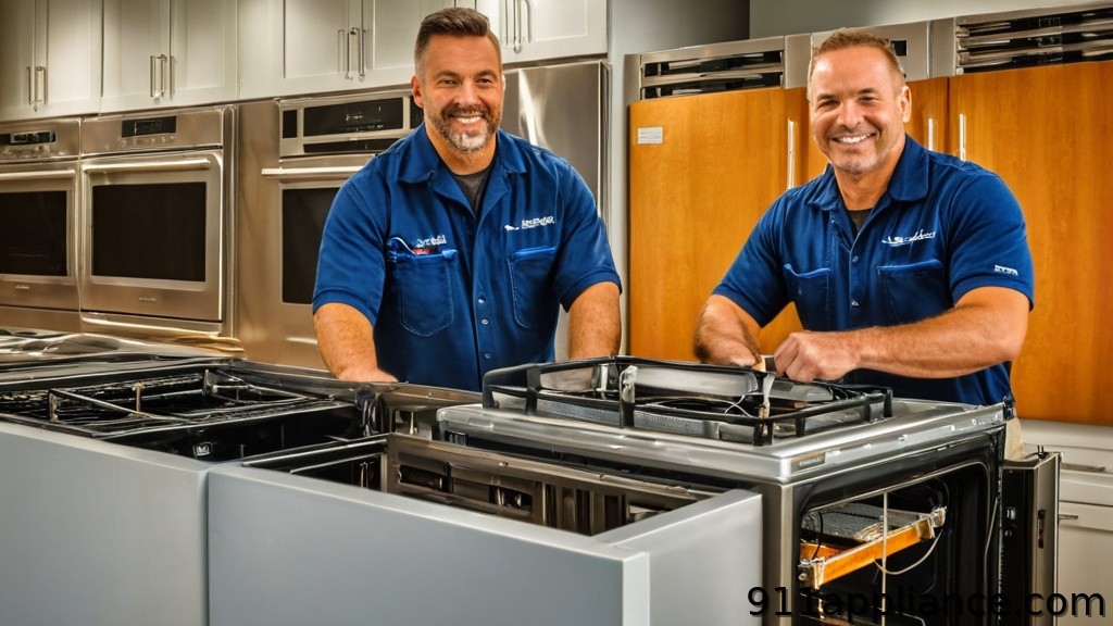 Appliance repair technicians in kitchen