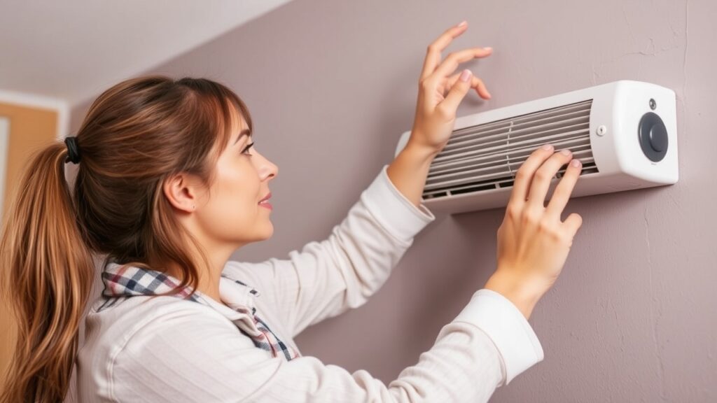 Woman adjusts wall heater