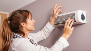 Woman adjusts wall heater