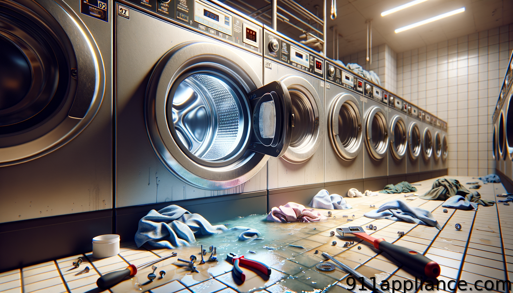 Rows of washing machines with an open door, surrounded by wet clothes and scattered tools on a tiled floor.
