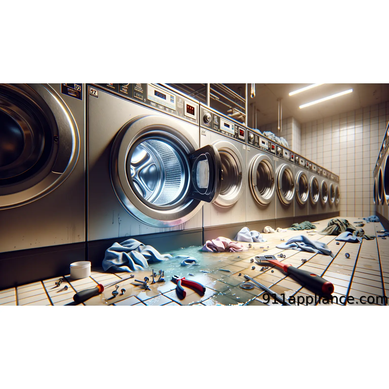 Rows of washing machines with an open door, surrounded by wet clothes and scattered tools on a tiled floor.