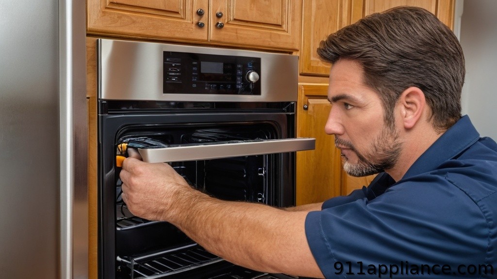 A man adjusts the handle of a built-in oven, focusing intently on the task with wooden cabinetry in the background.