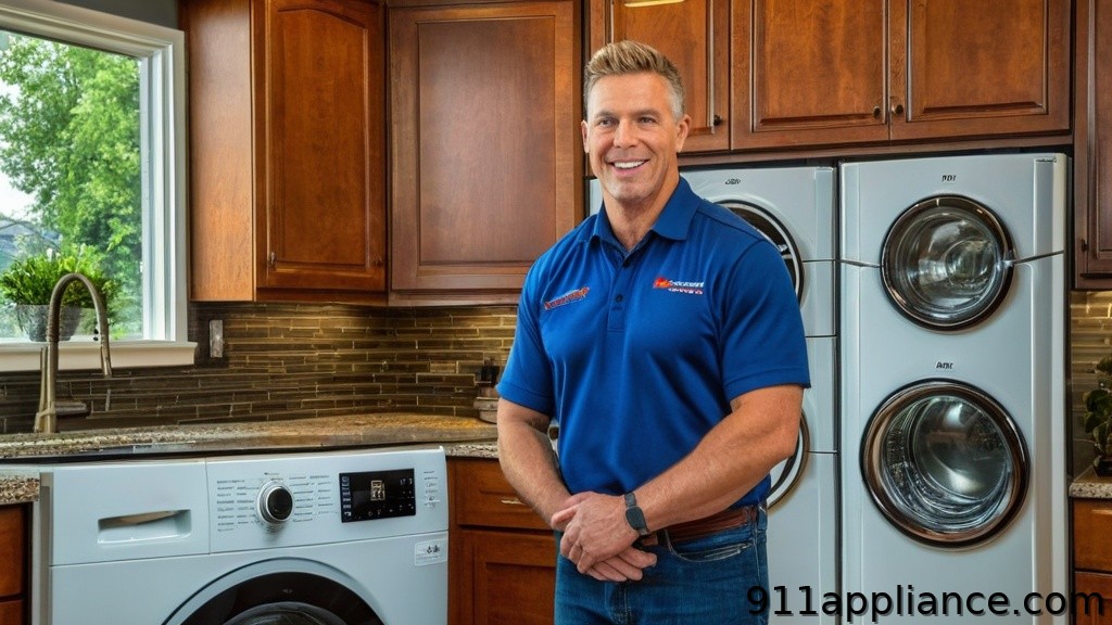 A smiling man in a blue shirt stands by modern laundry appliances in a well-lit kitchen with wooden cabinets and a window.