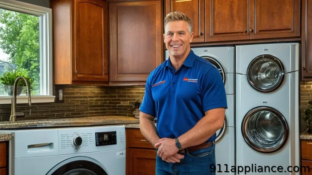 A smiling man in a blue shirt stands by modern laundry appliances in a well-lit kitchen with wooden cabinets and a window.