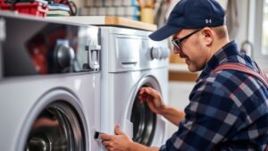 Man in glasses and a cap operates a washing machine in a bright laundry room, with baskets and wooden surfaces visible.
