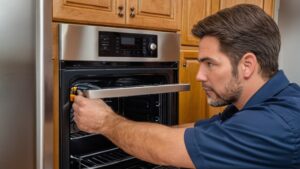 A man adjusts the handle of a built-in oven, focusing intently on the task with wooden cabinetry in the background.
