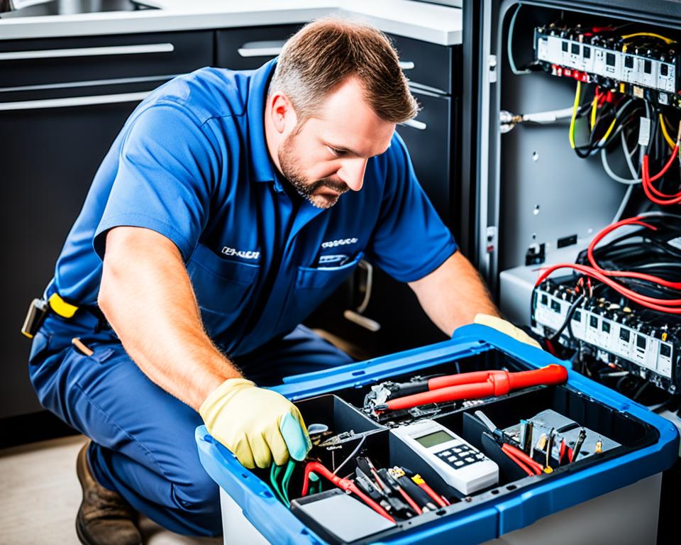 a man working on electrical equipment in a kitchen.