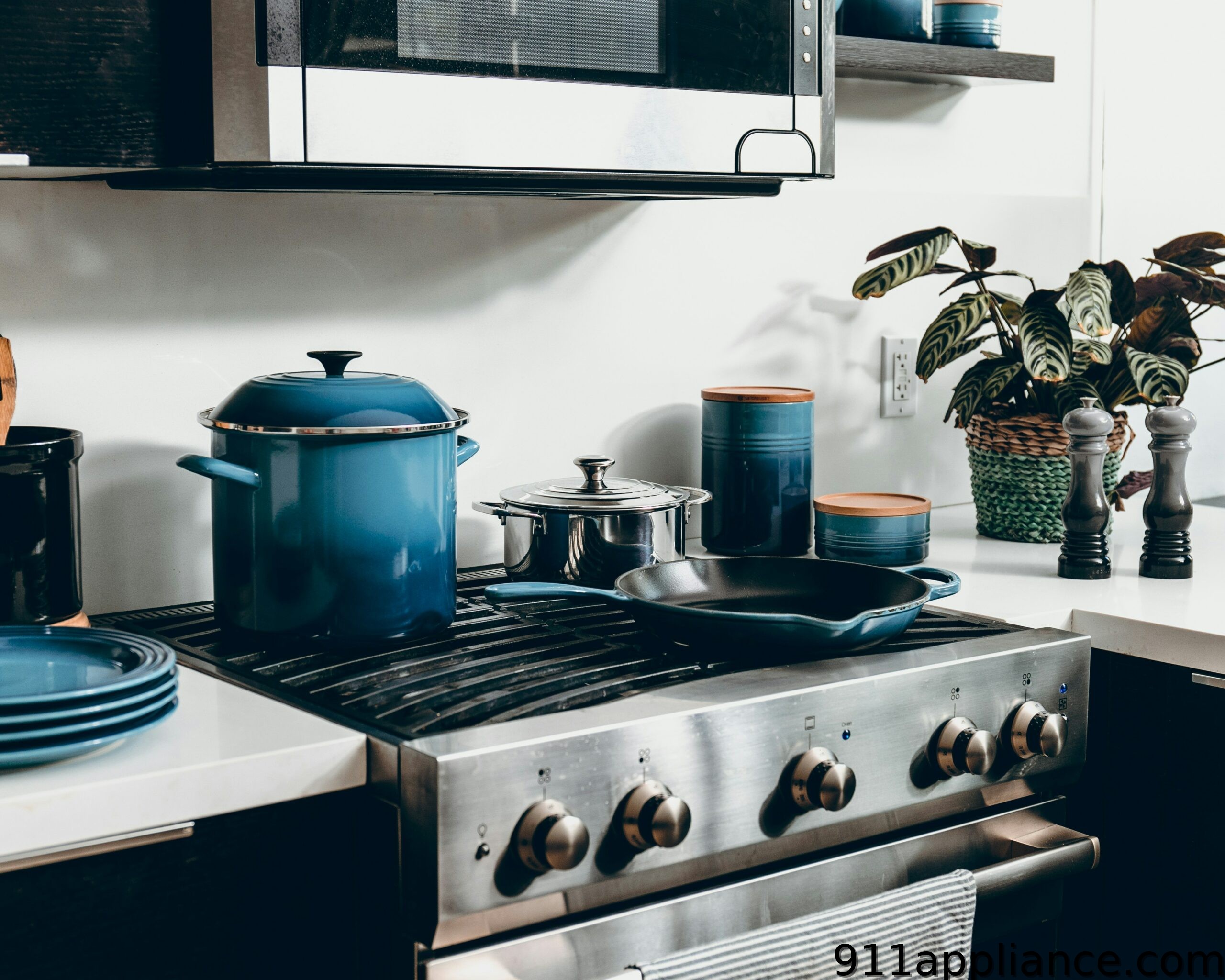 Blue cookware on stove