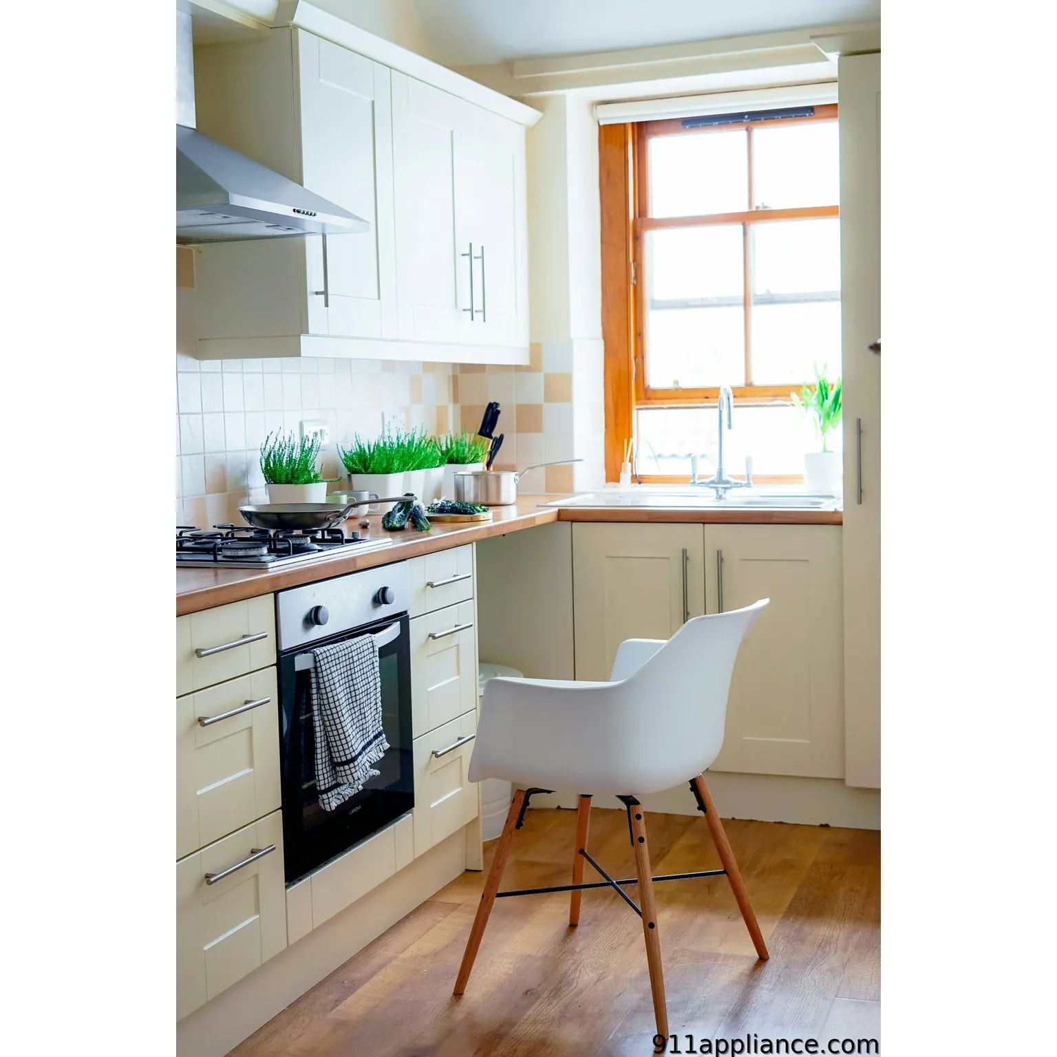 Modern kitchen with white chair.