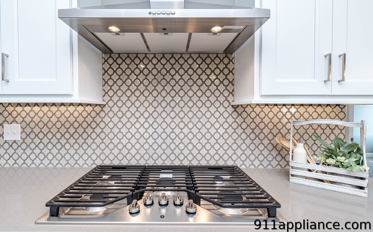 Kitchen range with patterned backsplash