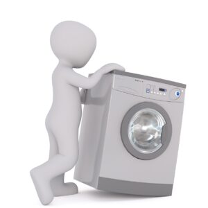 3d man pushing a washing machine on a white background.