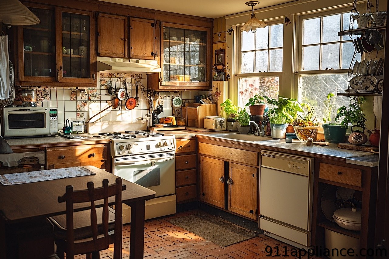 Sunlit rustic kitchen with wooden cabinets