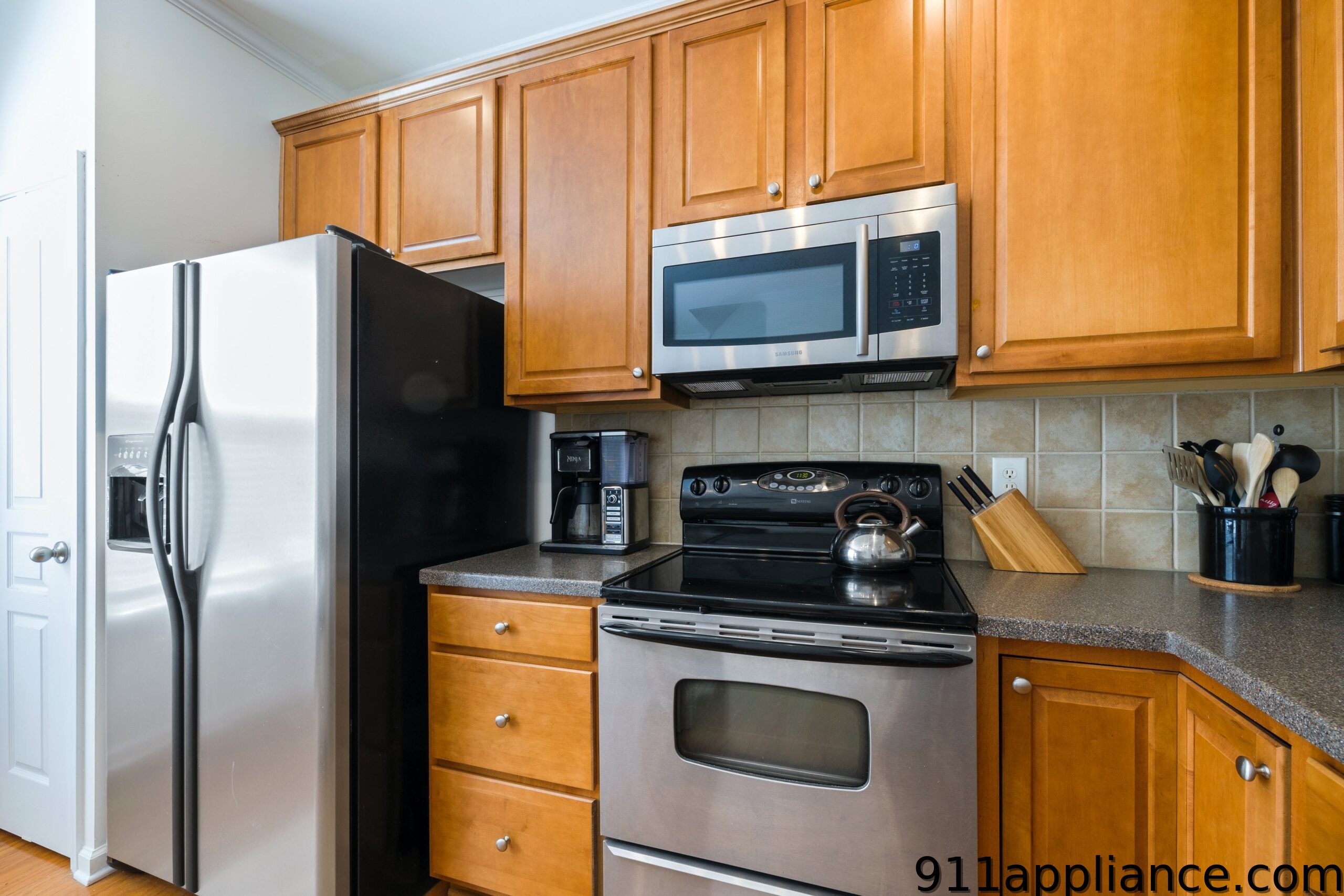 Modern stainless steel kitchen appliances