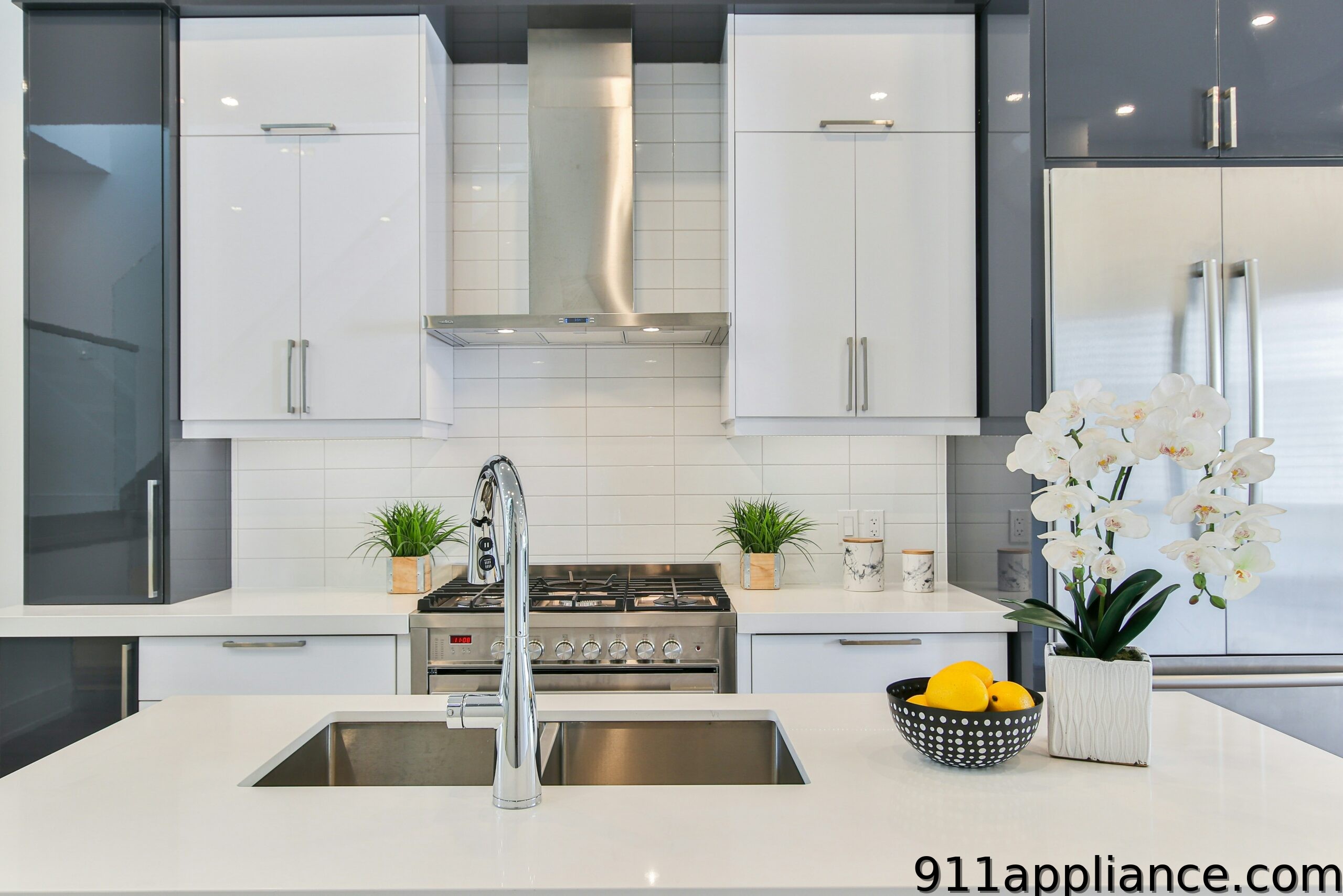 Modern kitchen with white cabinets