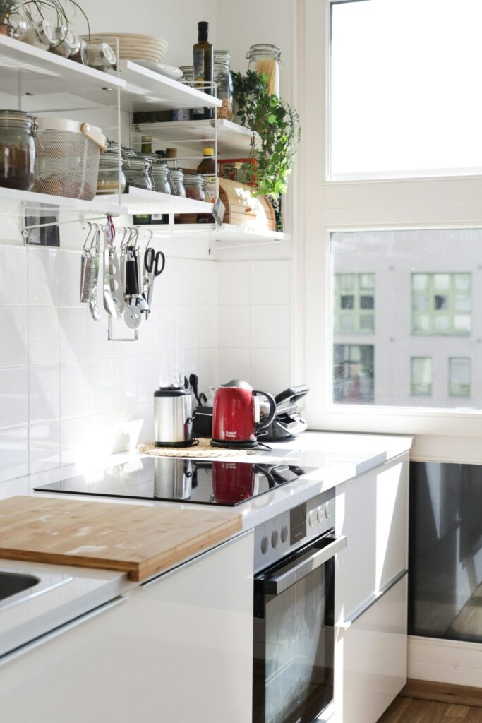 Bright modern kitchen counter view