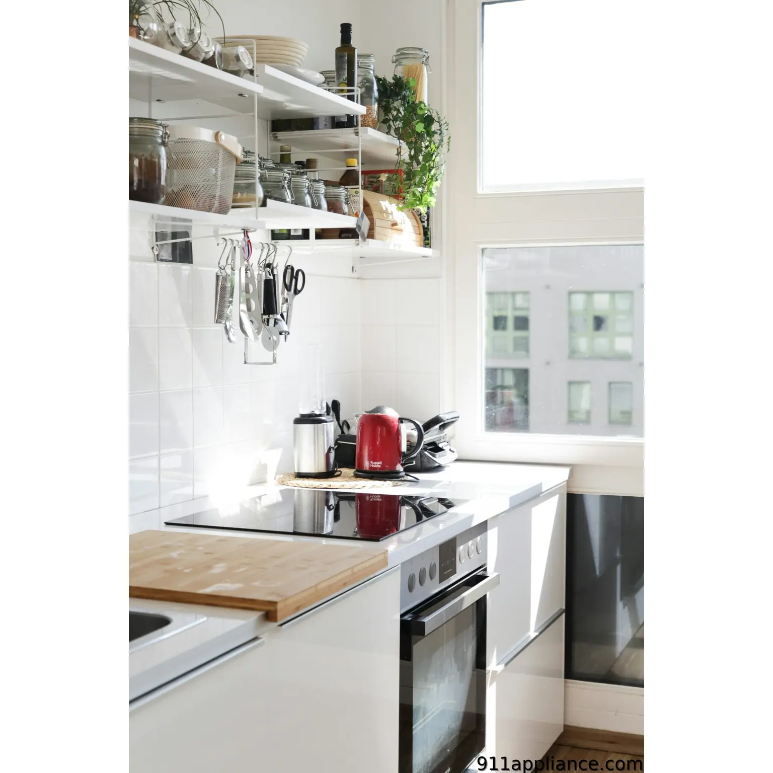 Bright modern kitchen counter view
