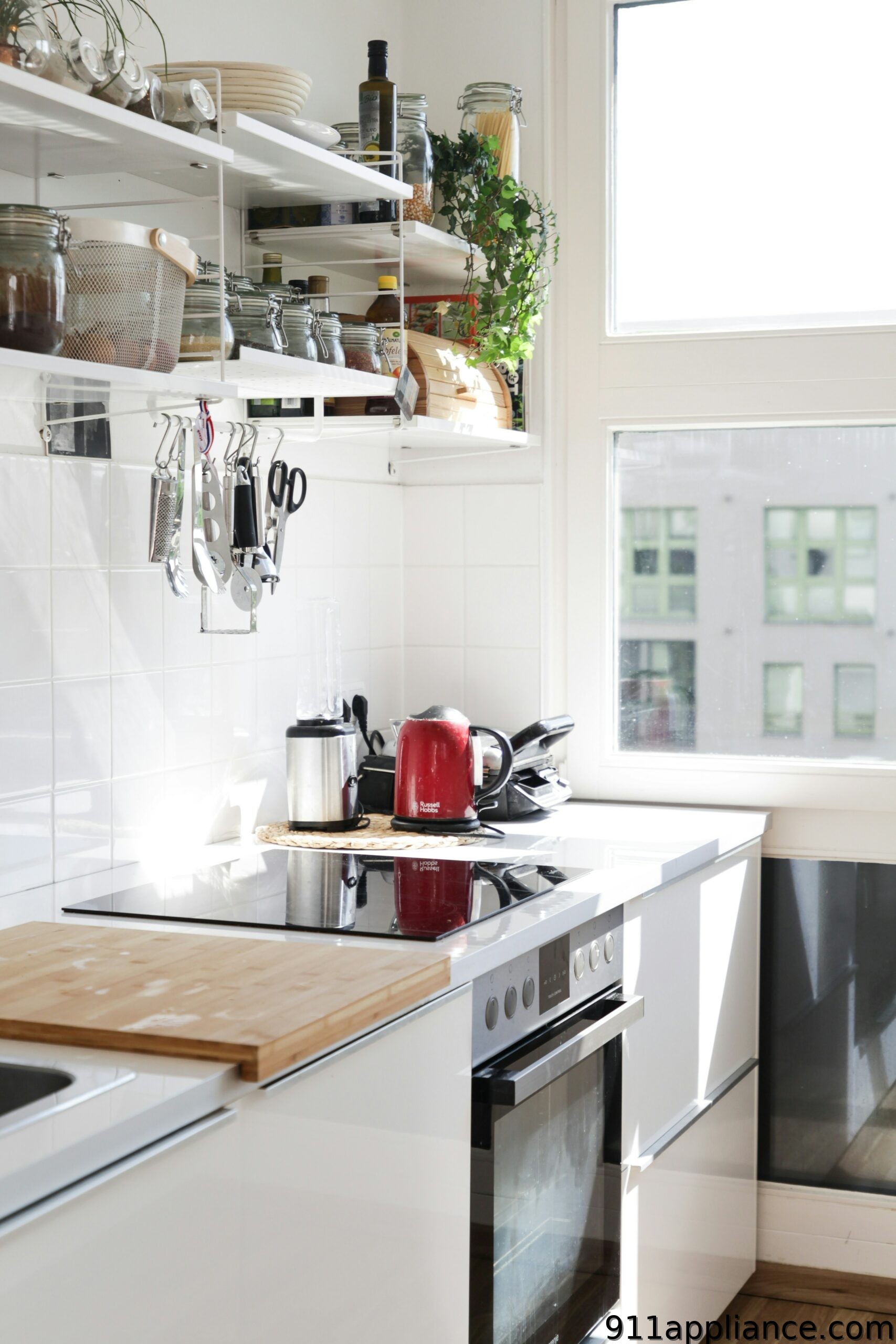 Bright modern kitchen counter view