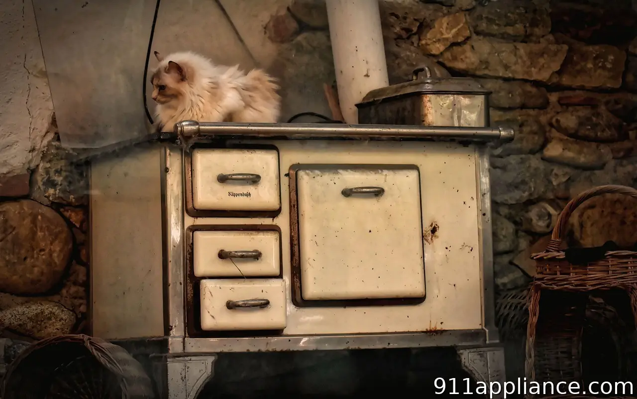 Fluffy dog on old stove