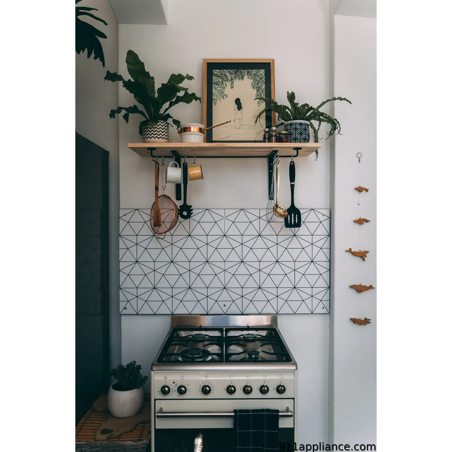 Kitchen stove with plants and art