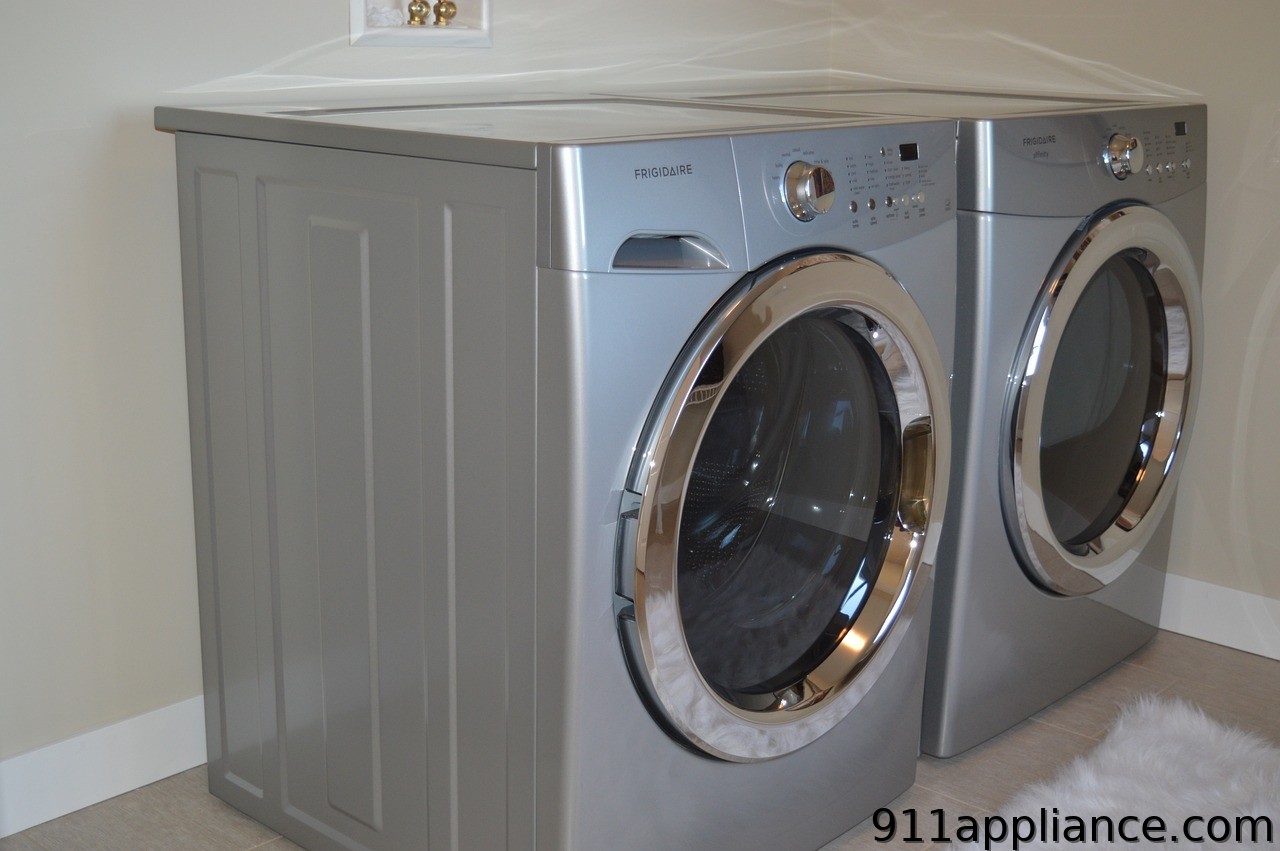 Silver front-load washer and dryer