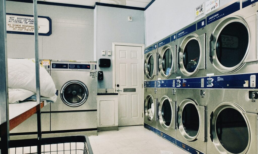Laundromat with washing machines.