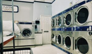 Laundromat with washing machines.