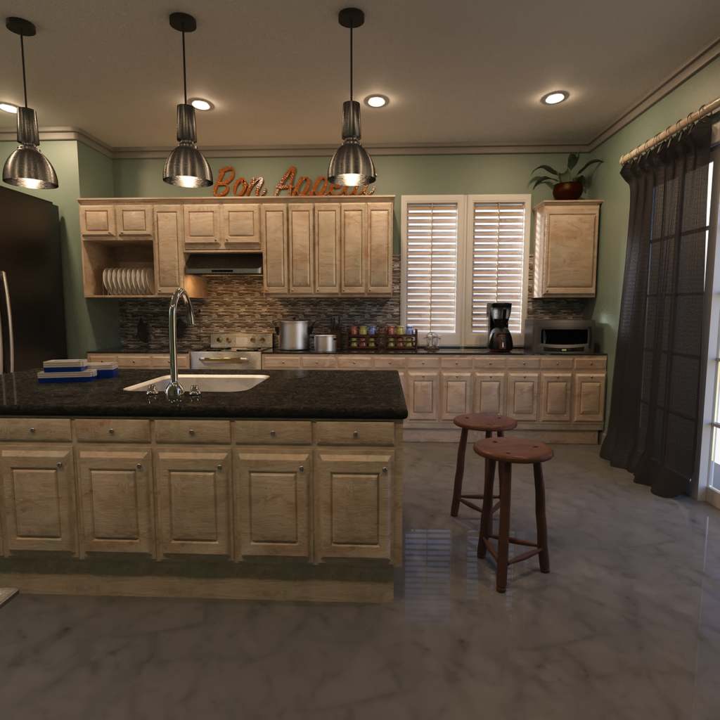 A 3d rendering of a kitchen.