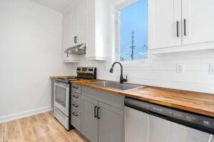 Modern kitchen with white cabinets, wooden countertop, and stainless steel appliances including a dishwasher and stove, representing affordable appliance repair services.