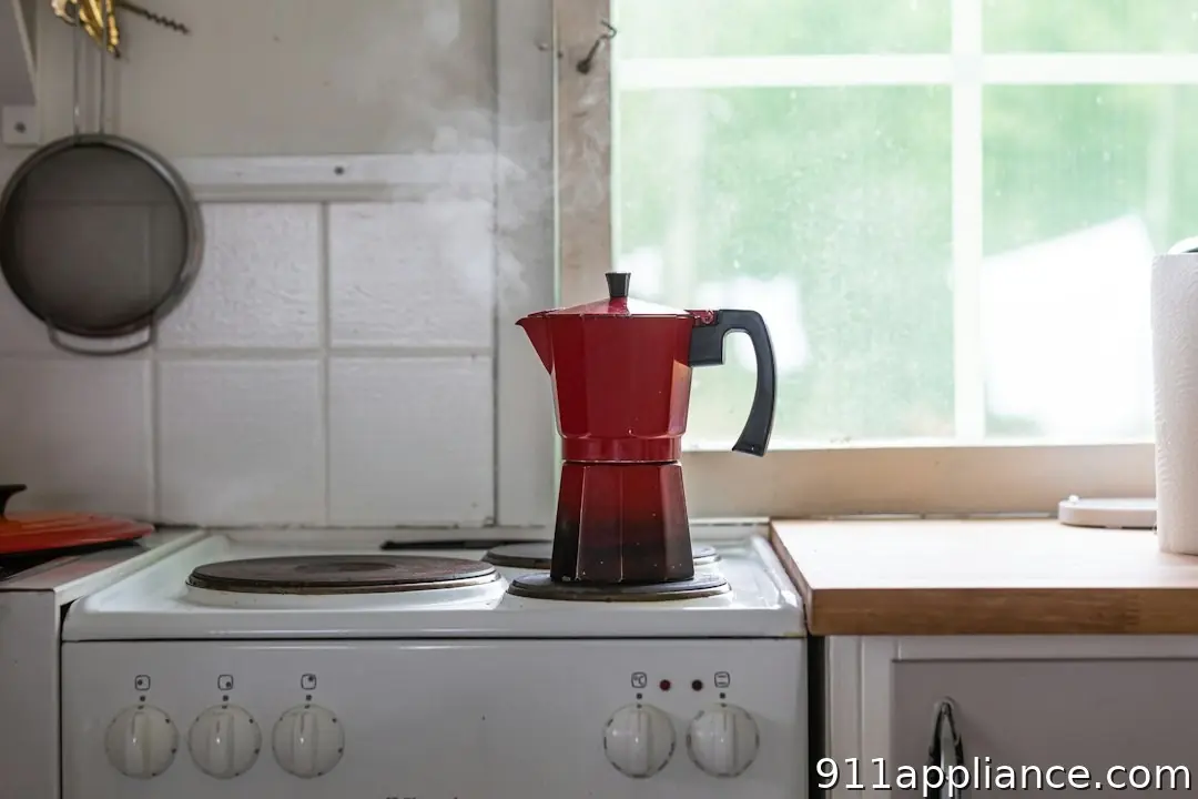 Steaming red Moka pot on stove