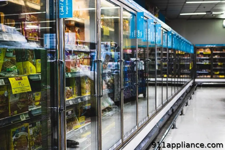 Frozen food aisle in grocery store
